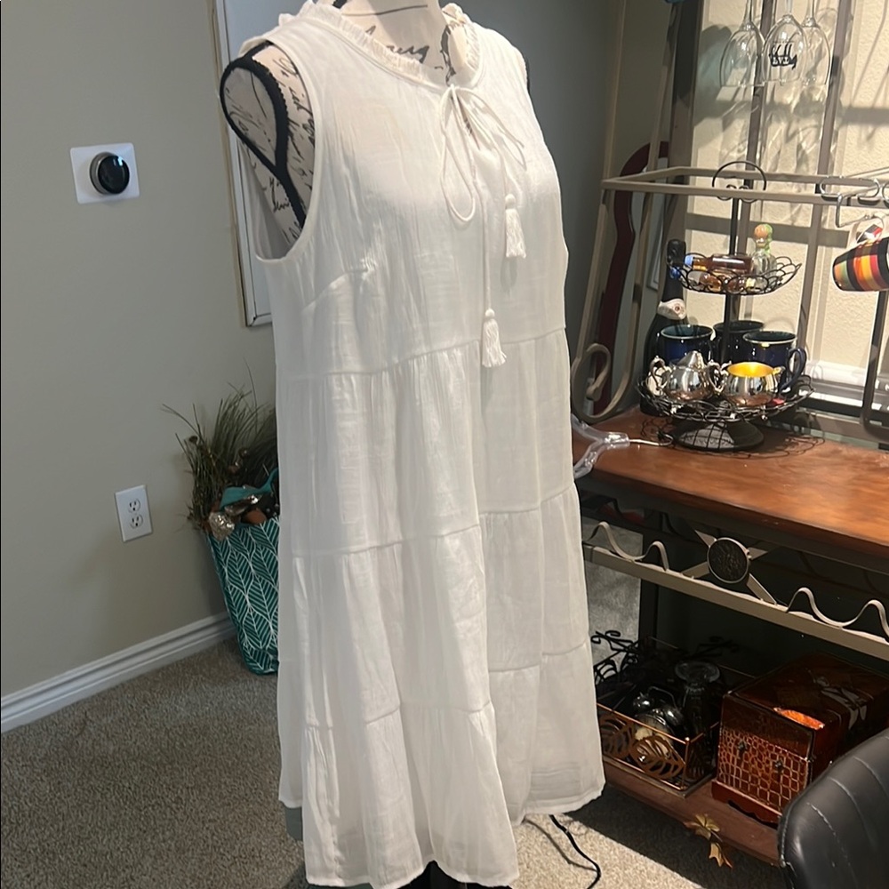 White Sleeveless Dress with Tassel Ties